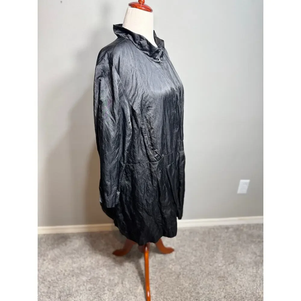 Eileen Fisher Woman black satin crinkle jacket lined snap up loose sleeve Sz XL